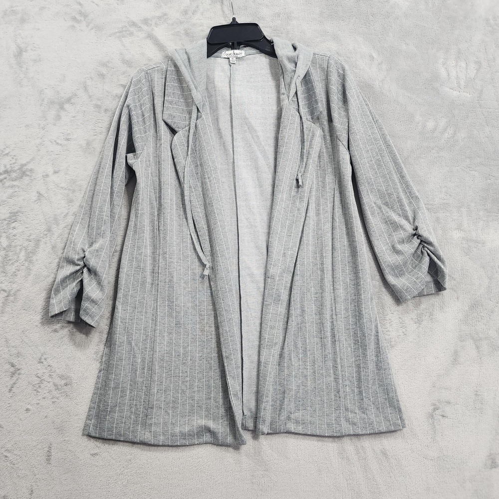 Crave‎ Fame Almost Famous Jacket Womens XL Gray Striped Hooded Coatigan Blazer